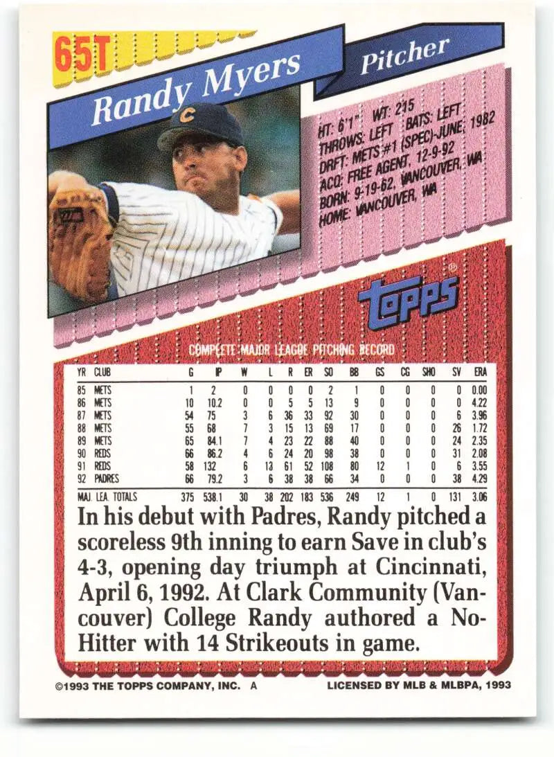 1993 Topps Traded #65T Randy Myers NM-MT Chicago Cubs Baseball Card - Baseball Card Single