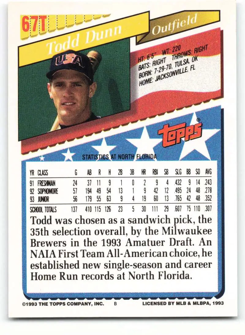 1993 Topps Traded #67T Todd Dunn NM-MT RC Rookie Team USA Baseball Card - Baseball Card Single