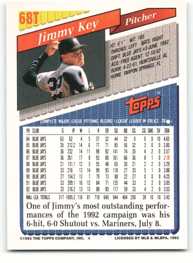1993 Topps Traded #68T Jimmy Key NM-MT New York Yankees Baseball Card - Baseball Card Single