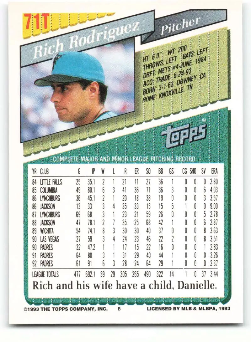1993 Topps Traded #71T Rich Rodriguez NM-MT Florida Marlins Baseball Card - Baseball Card Single