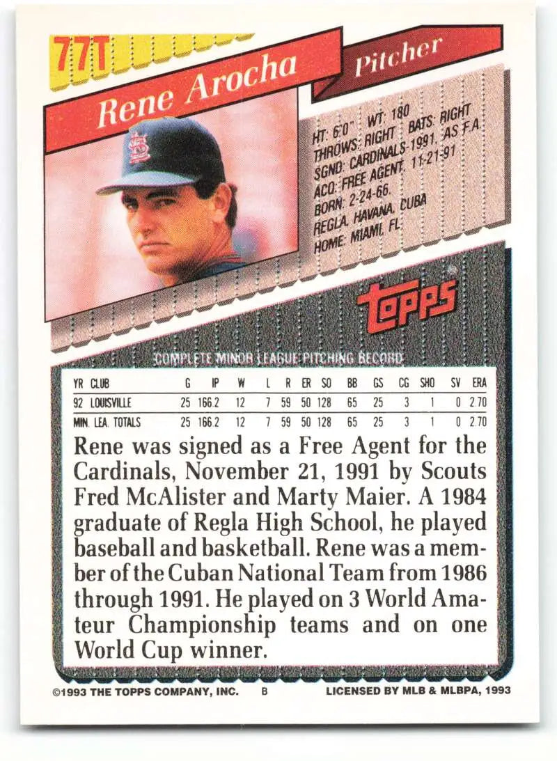 1993 Topps Traded #77T Rene Arocha NM-MT St. Louis Cardinals Baseball Card - Baseball Card Single