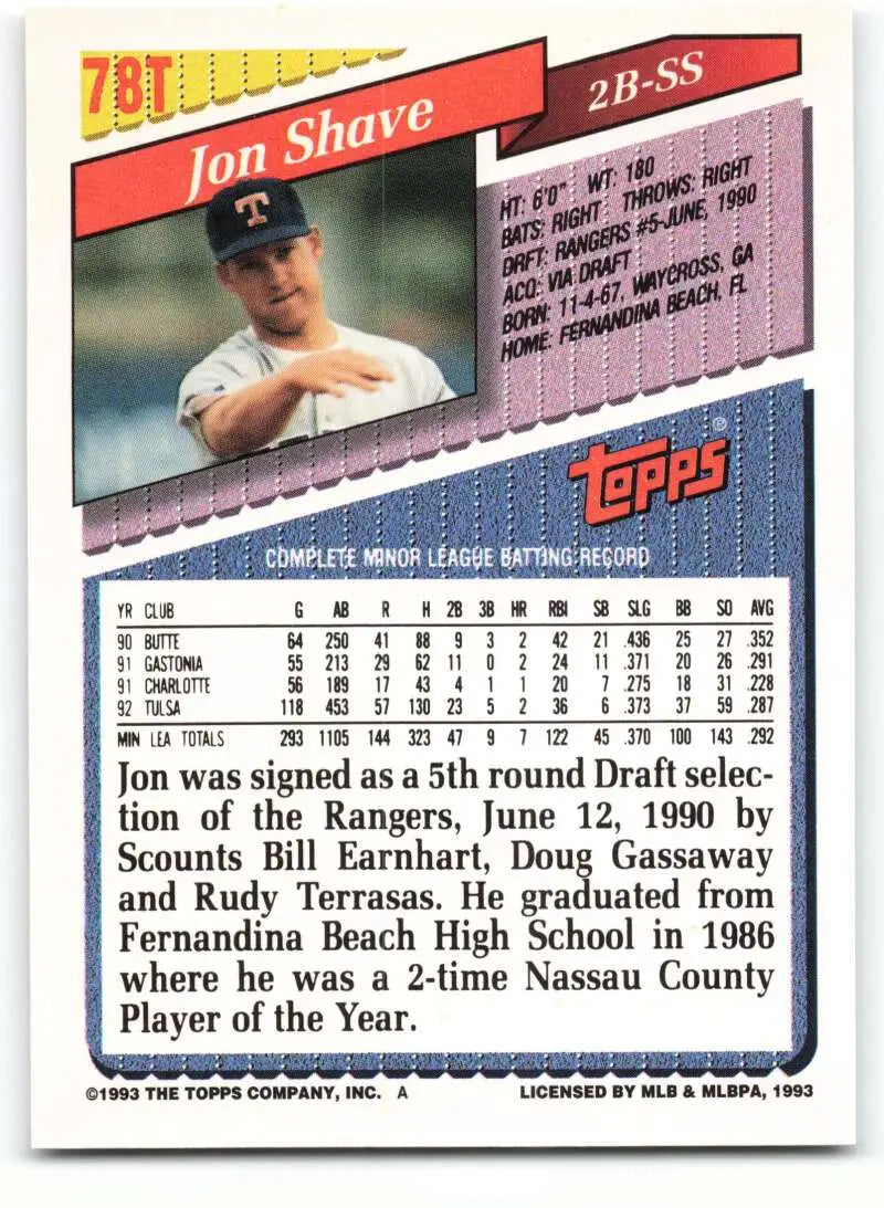 1993 Topps Traded #78T Jon Shave NM-MT Texas Rangers Baseball Card - Baseball Card Single