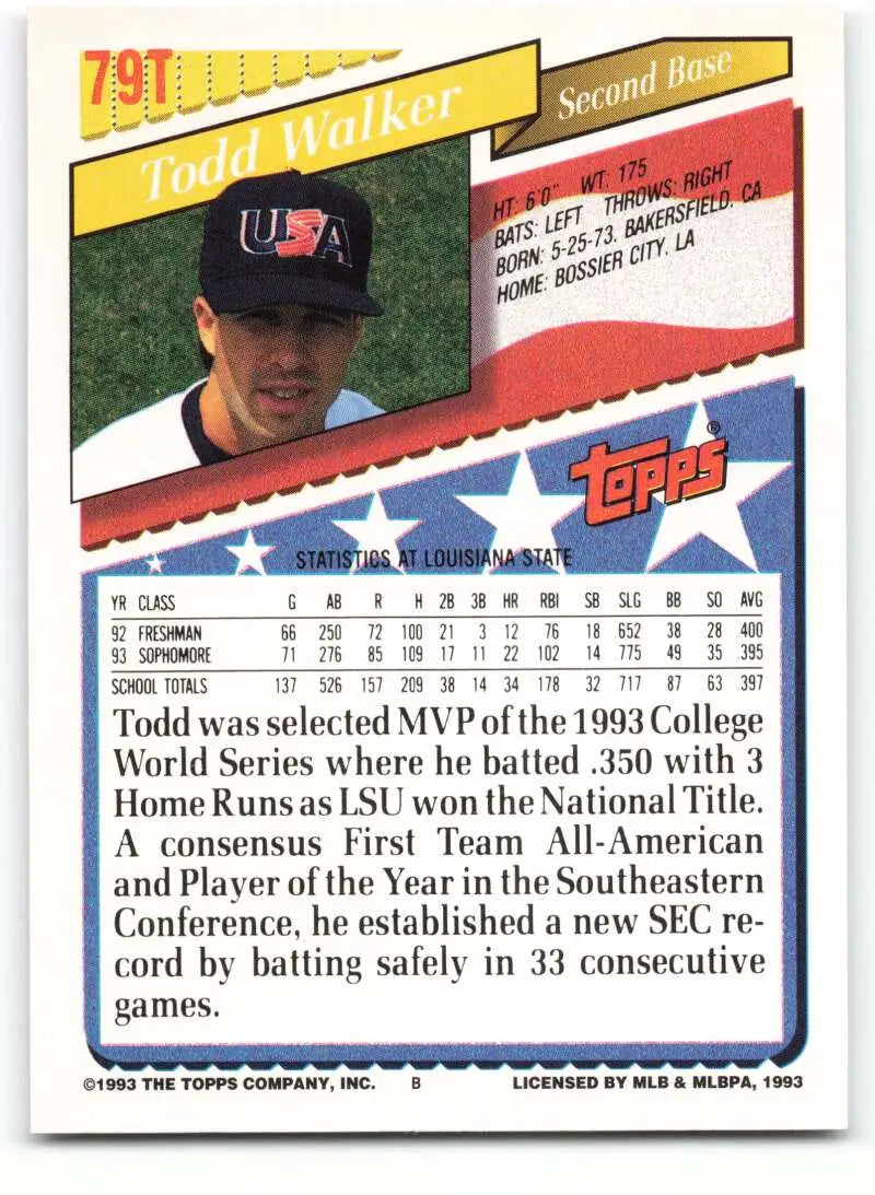 1993 Topps Traded #79T Todd Walker NM-MT RC Rookie Team USA Baseball Card - Baseball Card Single