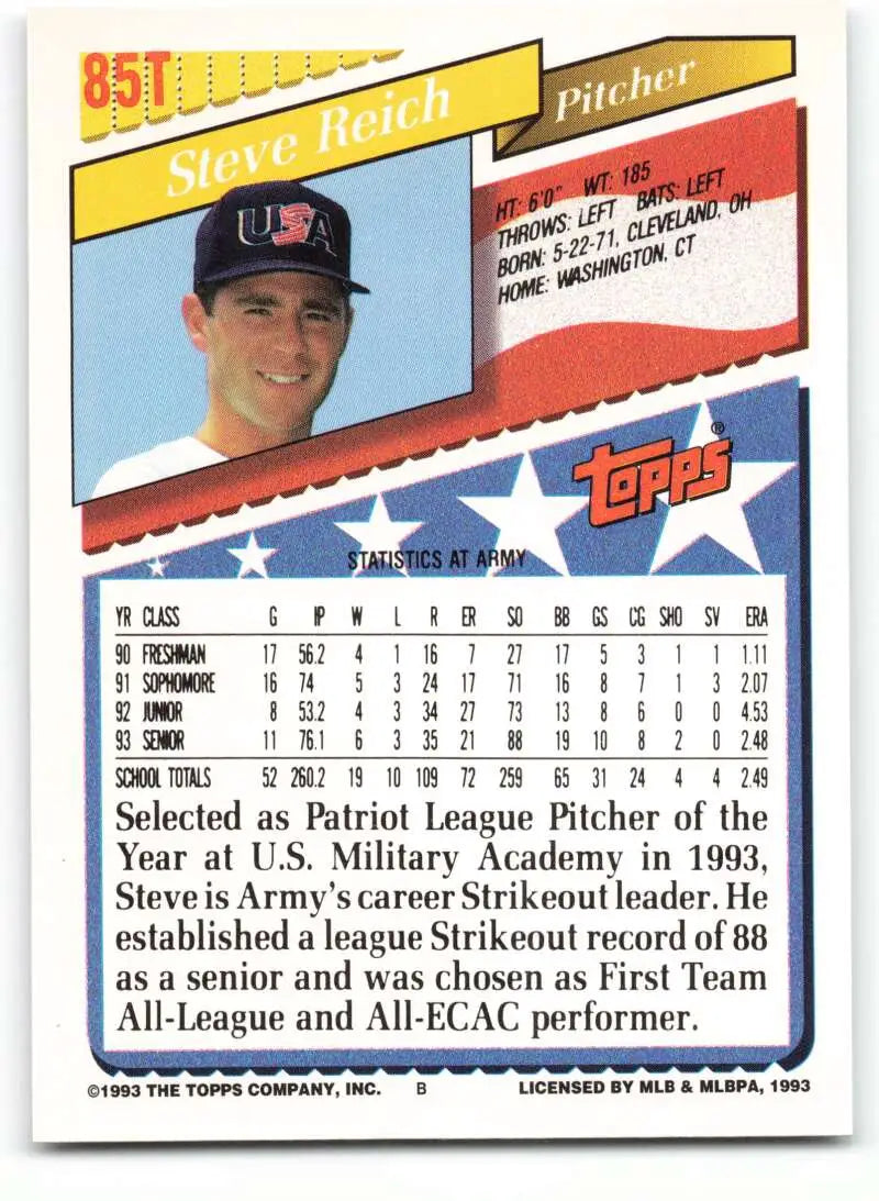 1993 Topps Traded #85T Steve Reich NM-MT RC Rookie Team USA Baseball Card - Baseball Card Single