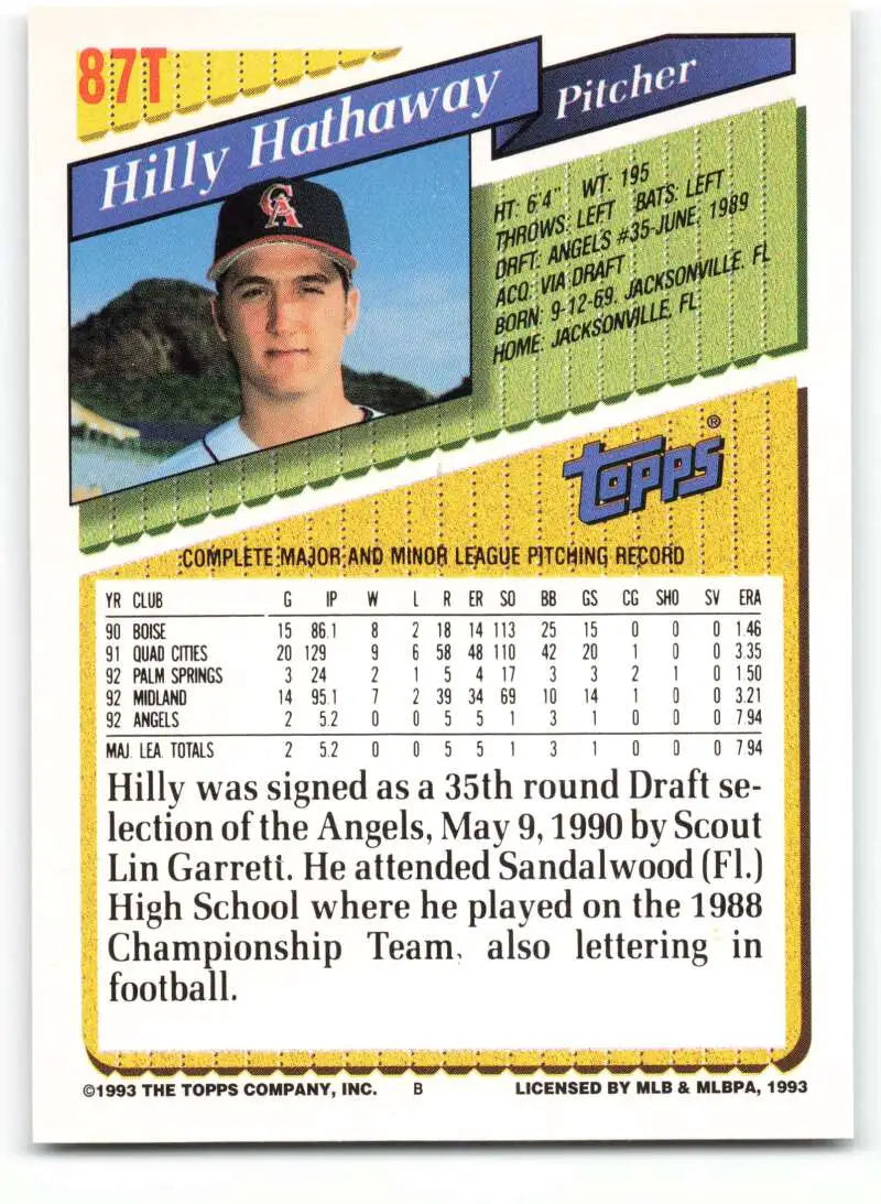 1993 Topps Traded #87T Hilly Hathaway NM-MT RC Rookie California Angels Baseball Card - Baseball Card Single