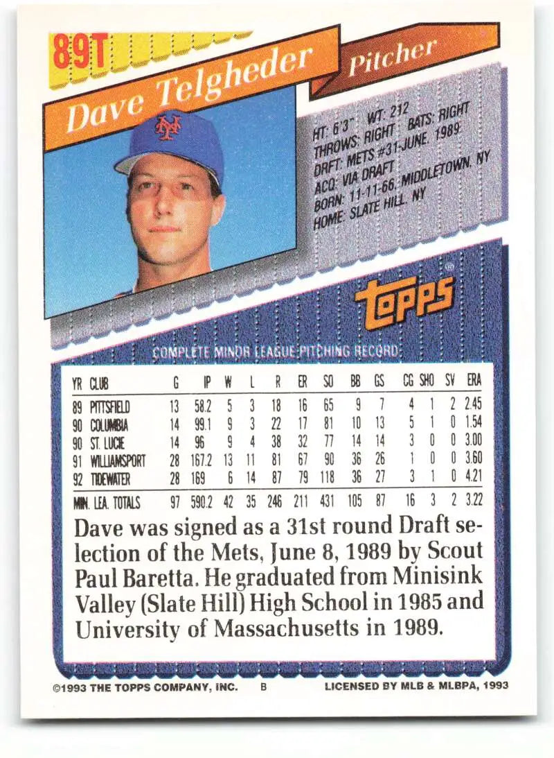 1993 Topps Traded #89T Dave Telgheder NM-MT RC Rookie New York Mets Baseball Card - Baseball Card Single