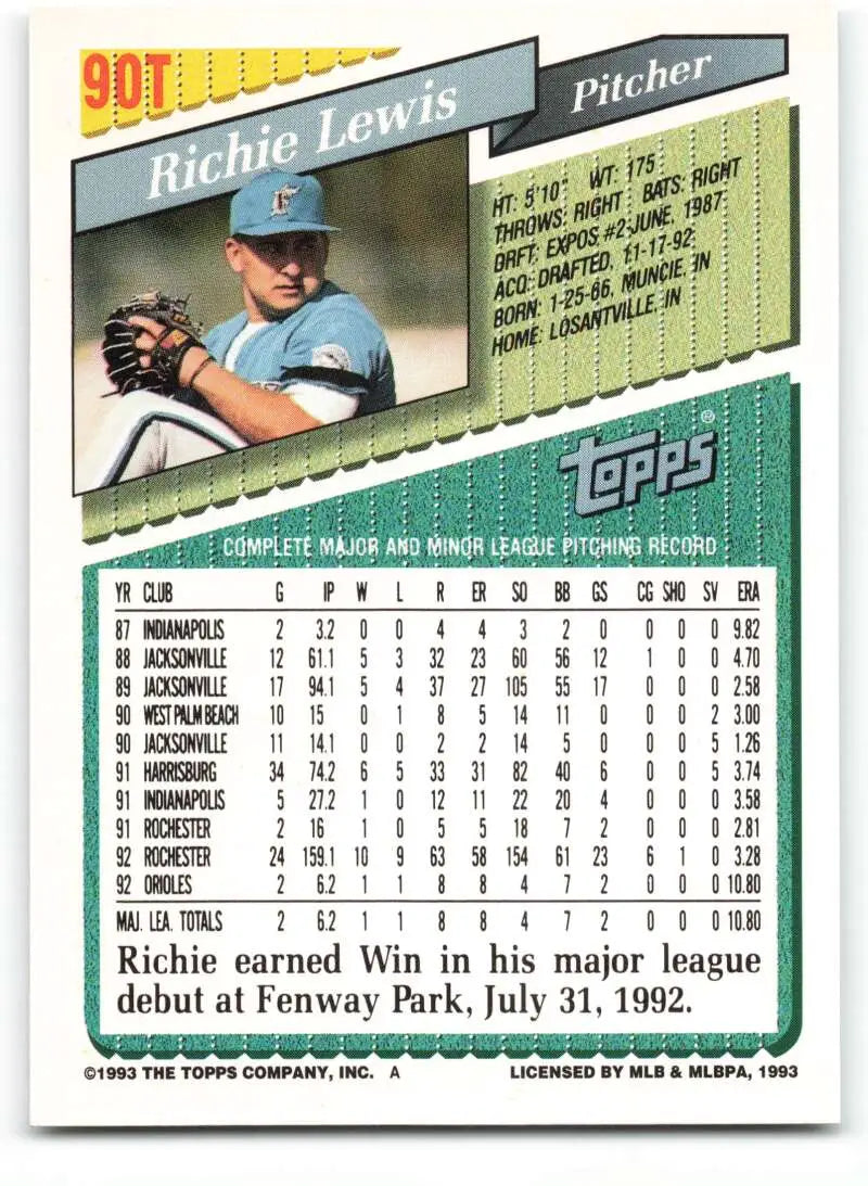 1993 Topps Traded #90T Richie Lewis NM-MT RC Rookie Florida Marlins Baseball Card - Baseball Card Single
