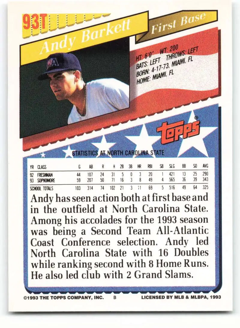 1993 Topps Traded #93T Andy Barkett NM-MT RC Rookie Team USA Baseball Card - Baseball Card Single