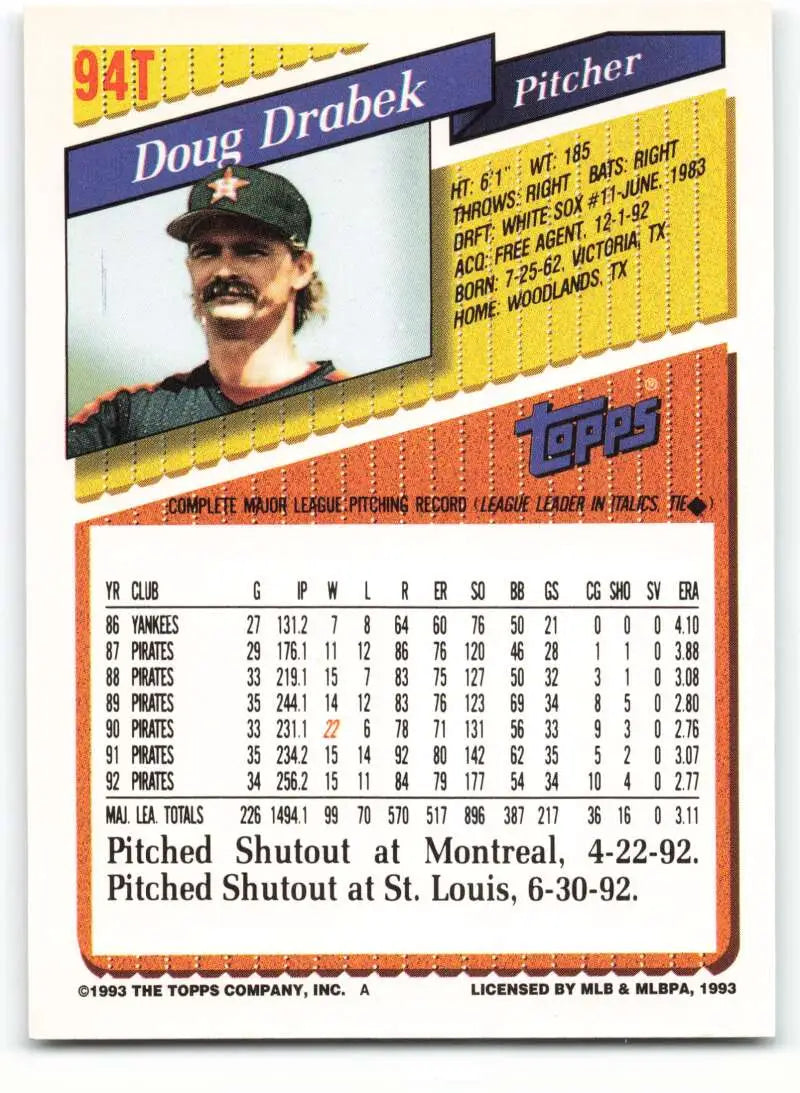 1993 Topps Traded #94T Doug Drabek NM-MT Houston Astros Baseball Card - Baseball Card Single