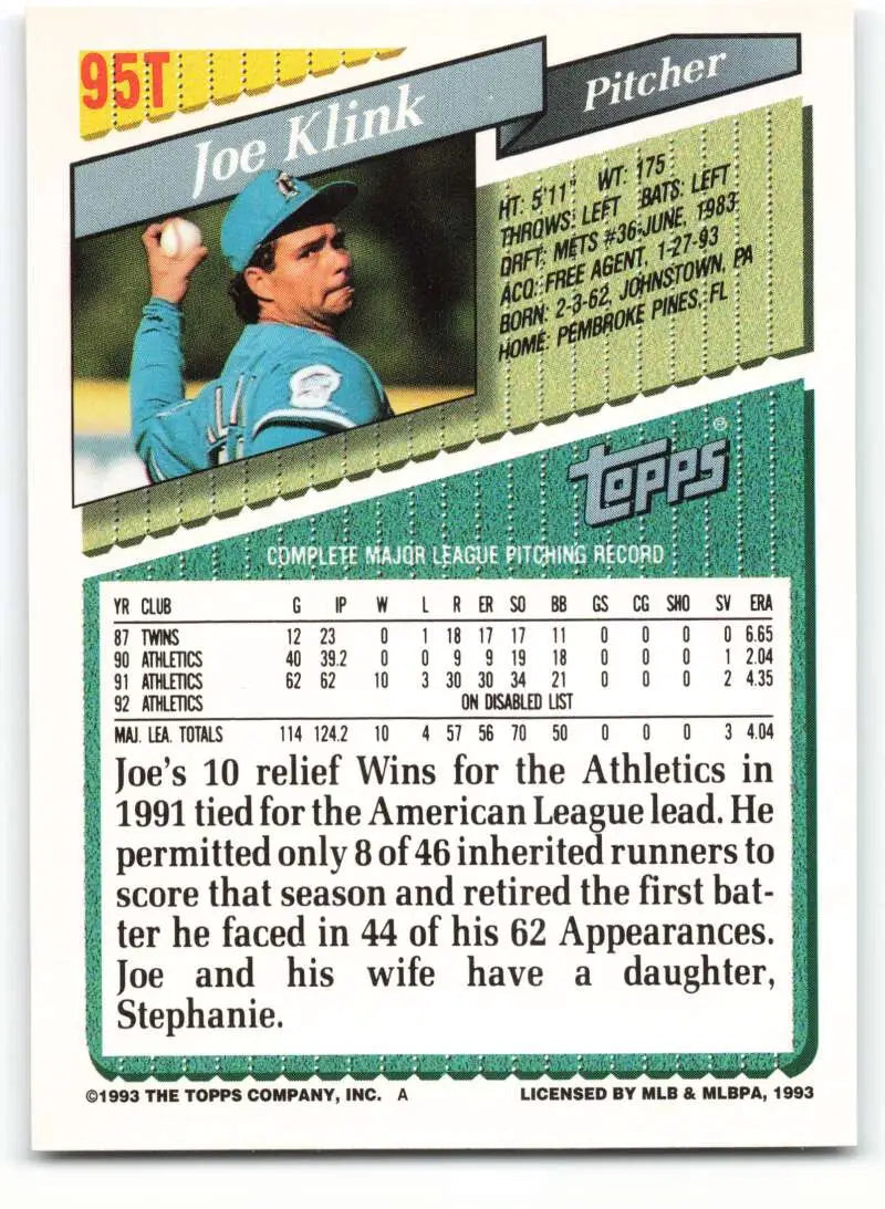1993 Topps Traded #95T Joe Klink NM-MT Florida Marlins Baseball Card - Baseball Card Single