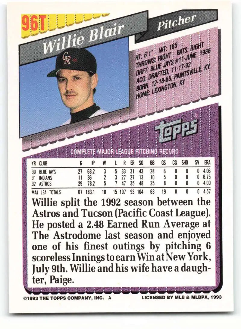 1993 Topps Traded #96T Willie Blair NM-MT Colorado Rockies Baseball Card - Baseball Card Single