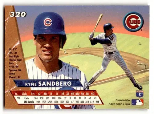 Original gloss Ryne Sandberg Chicago baseball card from 1993 Ultra #320 Sandberg Chicago Cubs