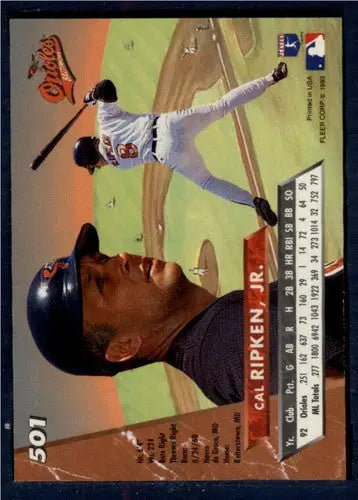 Baseball trading card of Cal Ripken Jr with original gloss from 1993 Ultra #501 Orioles