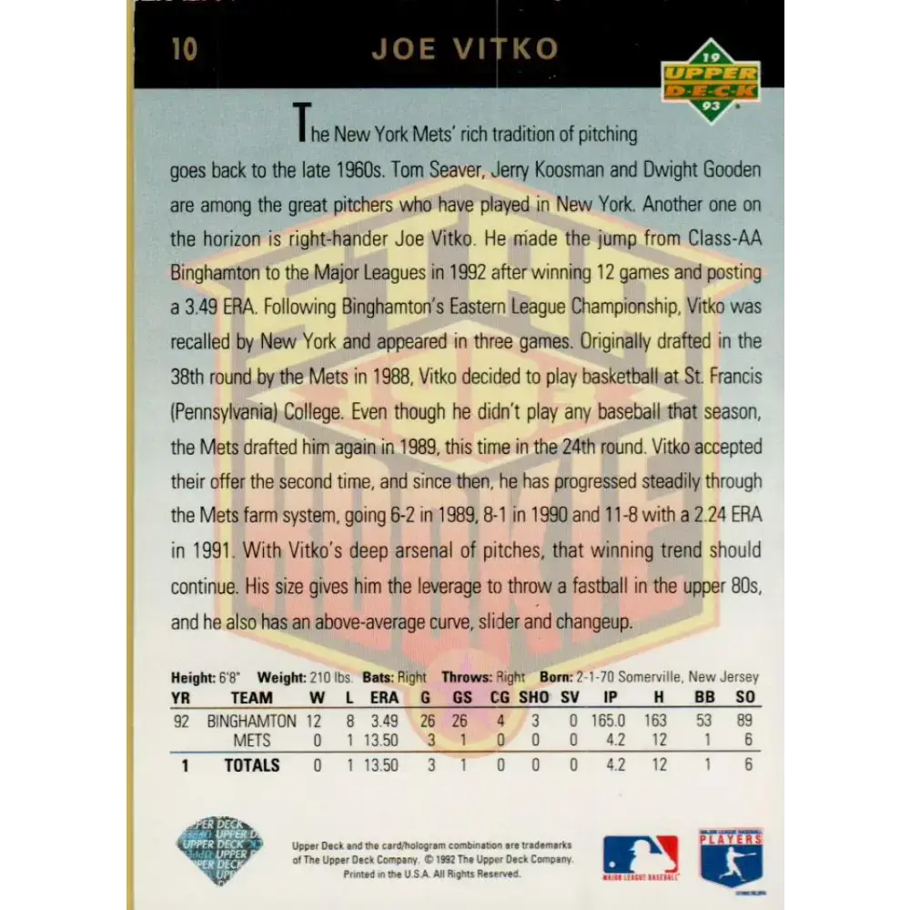 1993 Upper Deck #10 Joe Vitko VG New York Mets Baseball Card - Baseball Card Single