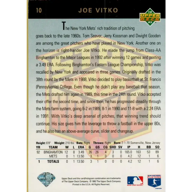1993 Upper Deck #10 Joe Vitko VG New York Mets Baseball Card - Baseball Card Single