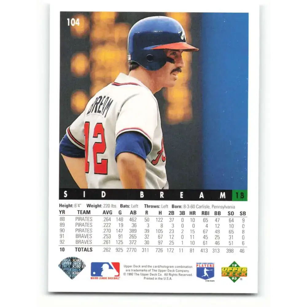 1993 Upper Deck #104 Sid Bream VG Atlanta Braves Baseball Card - Baseball Card Single