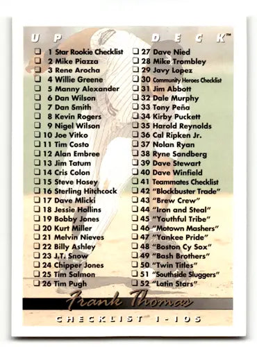 Original gloss of 1993 Upper Deck Frank Thomas baseball card checklist in Near Mint condition