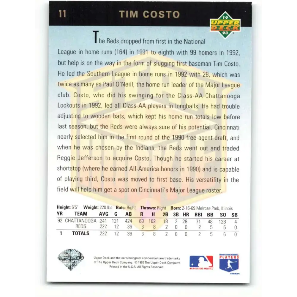 1993 Upper Deck #11 Tim Costo VG Cincinnati Reds Baseball Card - Baseball Card Single