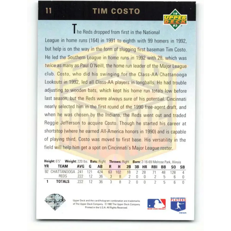 1993 Upper Deck #11 Tim Costo VG Cincinnati Reds Baseball Card - Baseball Card Single
