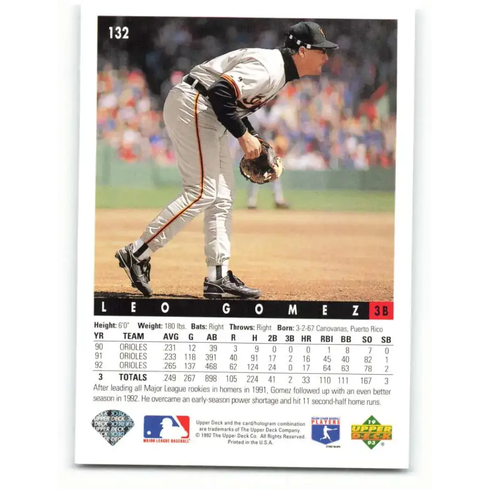 1993 Upper Deck #132 Leo Gomez VG Baltimore Orioles Baseball Card - Baseball Card Single
