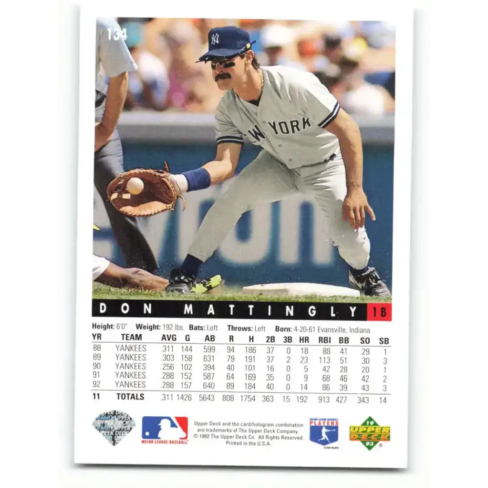 1993 Upper Deck #134 Don Mattingly VG New York Yankees Baseball Card - Baseball Card Single