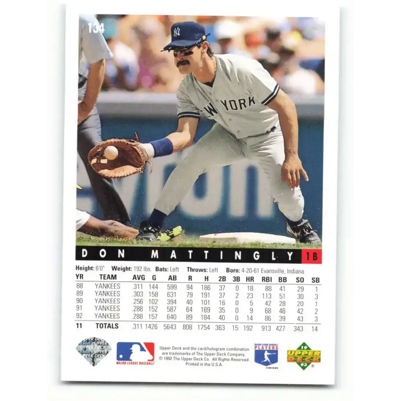 1993 Upper Deck #134 Don Mattingly VG New York Yankees Baseball Card - Baseball Card Single