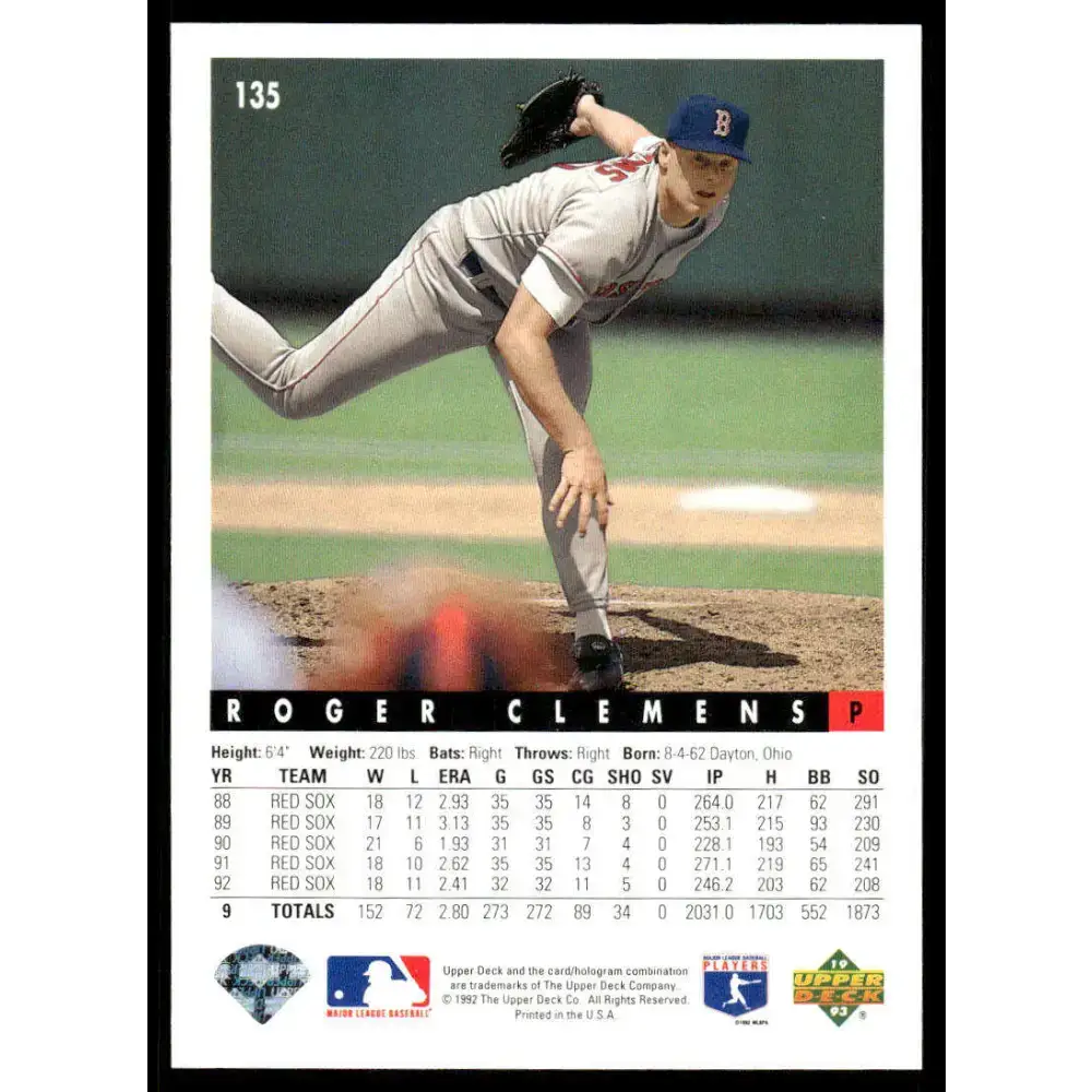 1993 Upper Deck #135 Roger Clemens EX/NM Boston Red Sox Baseball Card - Baseball Card Single