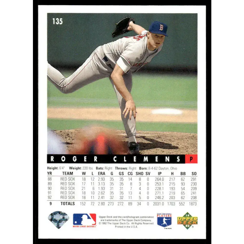 1993 Upper Deck #135 Roger Clemens EX/NM Boston Red Sox Baseball Card - Baseball Card Single