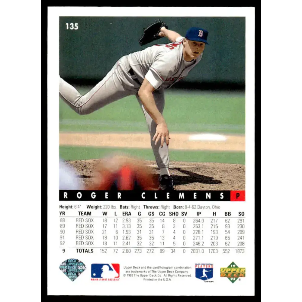 1993 Upper Deck #135 Roger Clemens EX/NM Boston Red Sox Baseball Card - Baseball Card Single