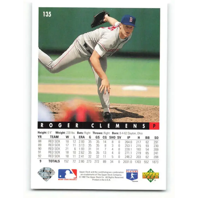 1993 Upper Deck #135 Roger Clemens VG Boston Red Sox Baseball Card - Baseball Card Single