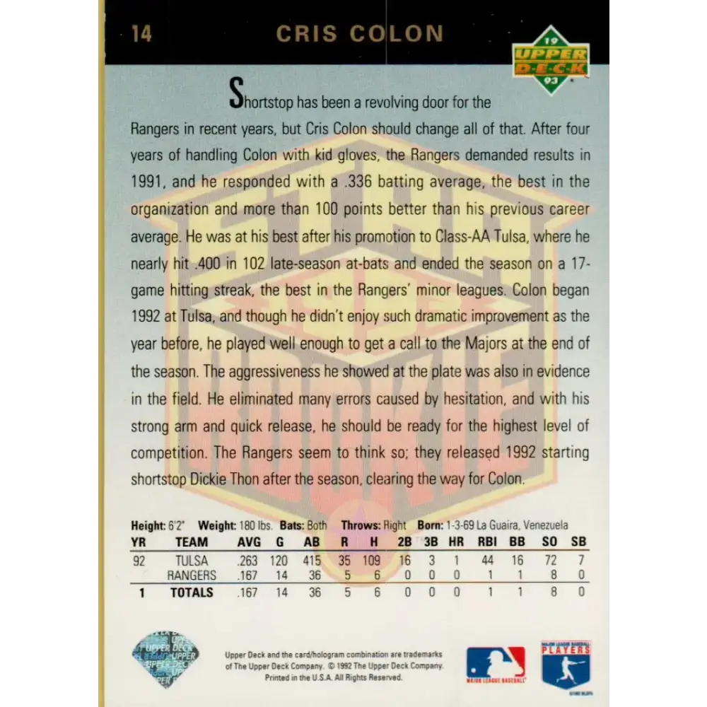 1993 Upper Deck #14 Cris Colon VG Texas Rangers Baseball Card - Baseball Card Single