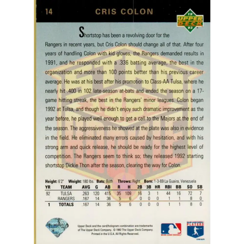 1993 Upper Deck #14 Cris Colon VG Texas Rangers Baseball Card - Baseball Card Single
