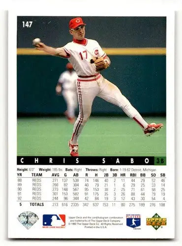 Chris Sabo Cincinnati Reds baseball card from 1993 Upper Deck #147 excellent condition