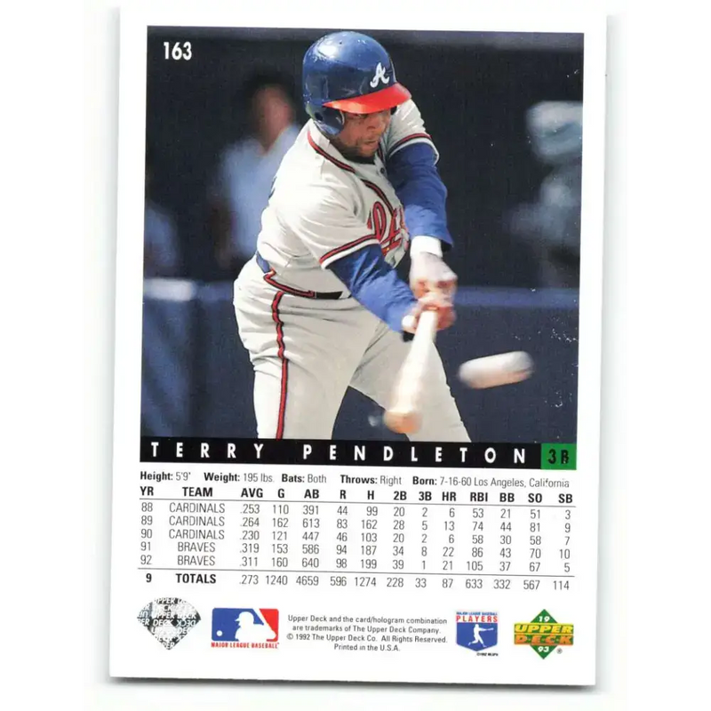 1993 Upper Deck #163 Terry Pendleton VG Atlanta Braves Baseball Card - Baseball Card Single