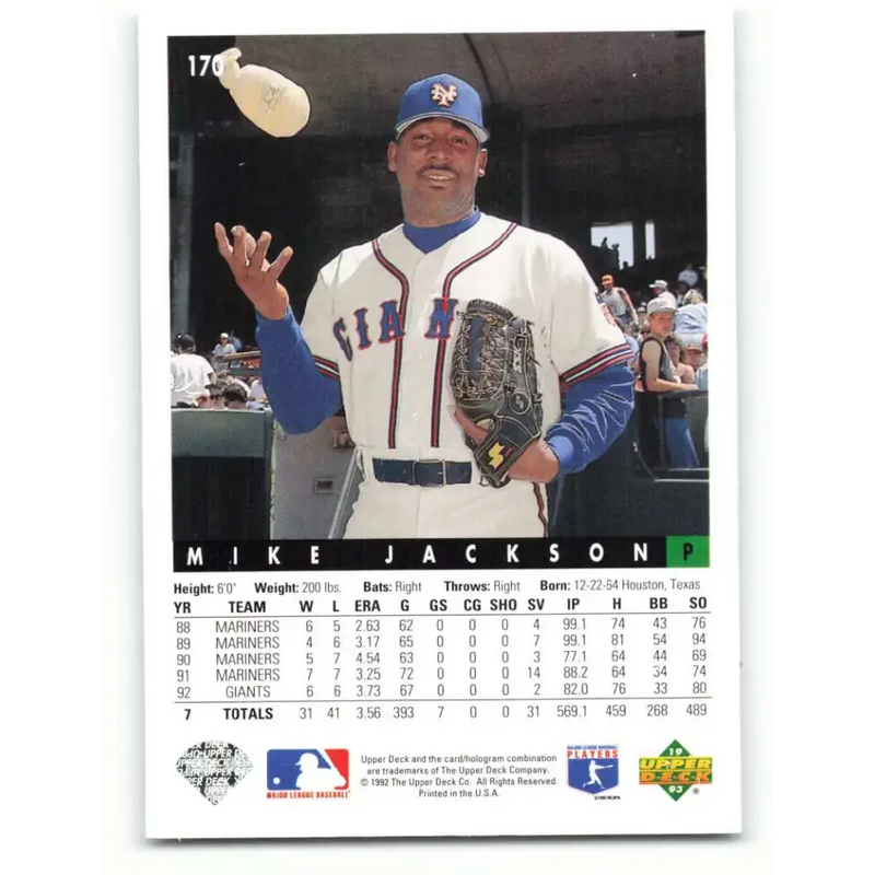 1993 Upper Deck #170 Mike Jackson VG San Francisco Giants Baseball Card - Baseball Card Single