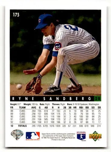 Original gloss Ryne Sandberg Chicago baseball card from 1993 Upper Deck #175