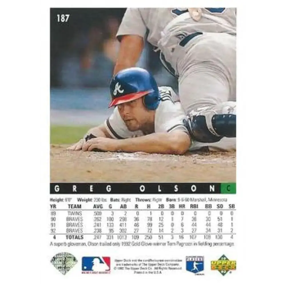 1993 Upper Deck #187 Greg Olson VG Atlanta Braves Baseball Card - Baseball Card Single