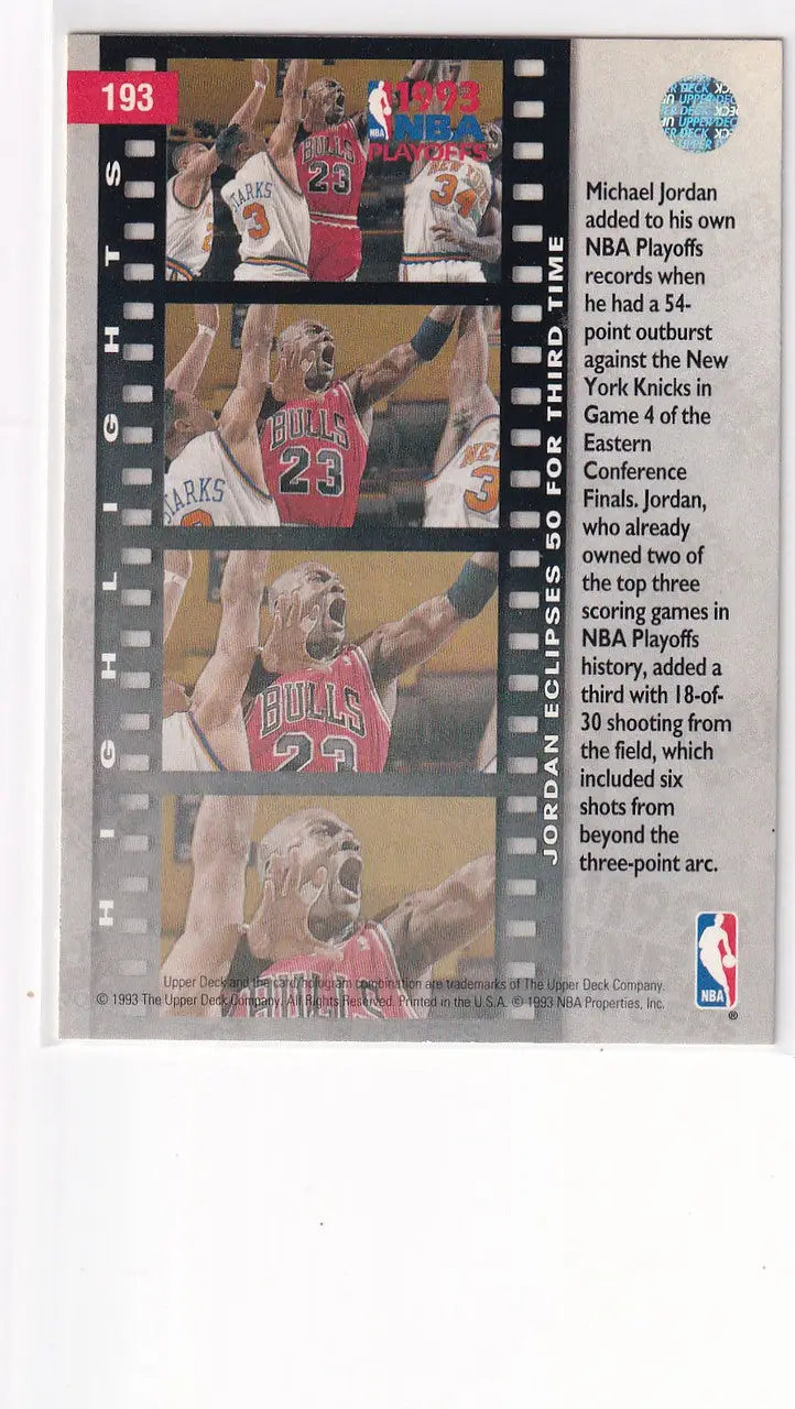 1993 UPPER DECK #193 MICHAEL JORDAN PLAYOFF HIGHLIGHTS- CHICAGO BULLS - Basketball Card Single