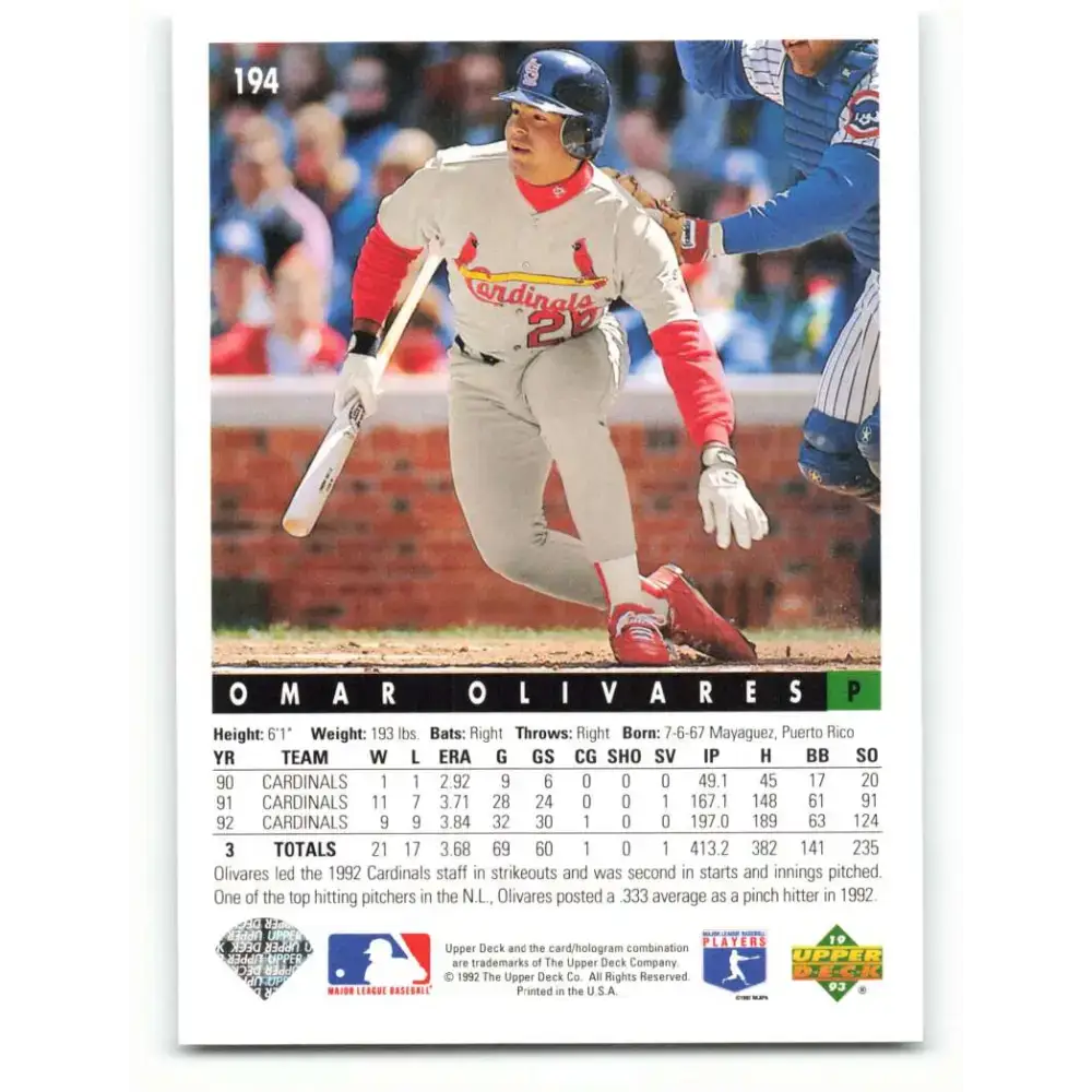 1993 Upper Deck #194 Omar Olivares VG St. Louis Cardinals Baseball Card - Baseball Card Single