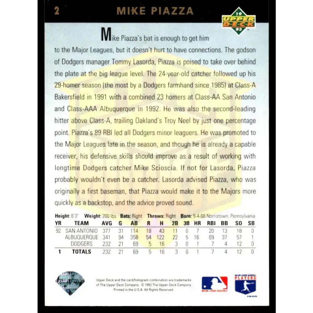 1993 Upper Deck #2 Mike Piazza EX/NM Los Angeles Dodgers Baseball Card - Baseball Card Single