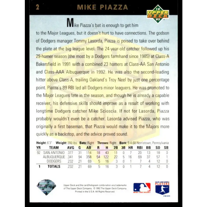 1993 Upper Deck #2 Mike Piazza EX/NM Los Angeles Dodgers Baseball Card - Baseball Card Single