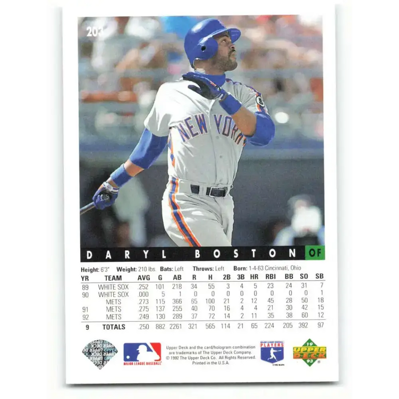 1993 Upper Deck #203 Daryl Boston VG New York Mets Baseball Card - Baseball Card Single