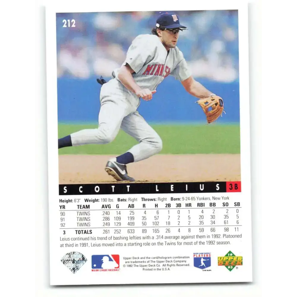 1993 Upper Deck #212 Scott Leius VG Minnesota Twins Baseball Card - Baseball Card Single