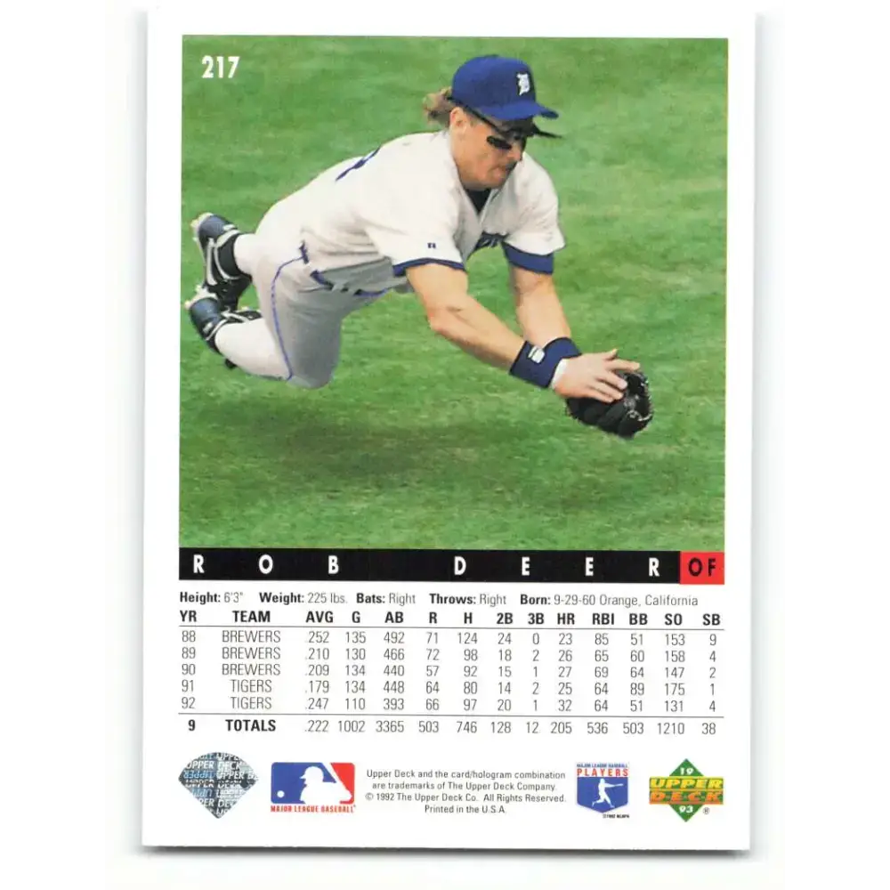 1993 Upper Deck #217 Rob Deer VG Detroit Tigers Baseball Card - Baseball Card Single