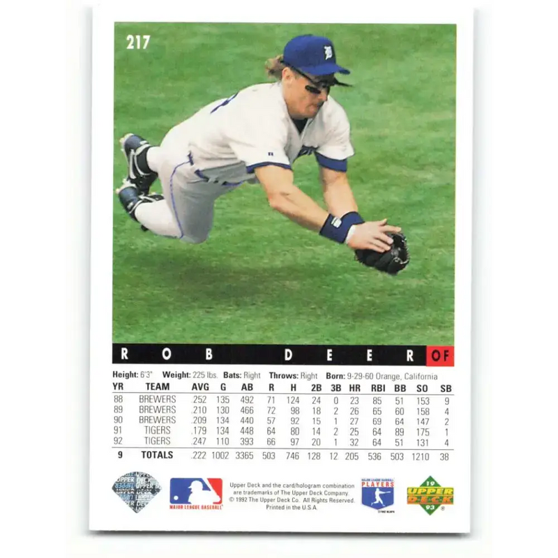1993 Upper Deck #217 Rob Deer VG Detroit Tigers Baseball Card - Baseball Card Single