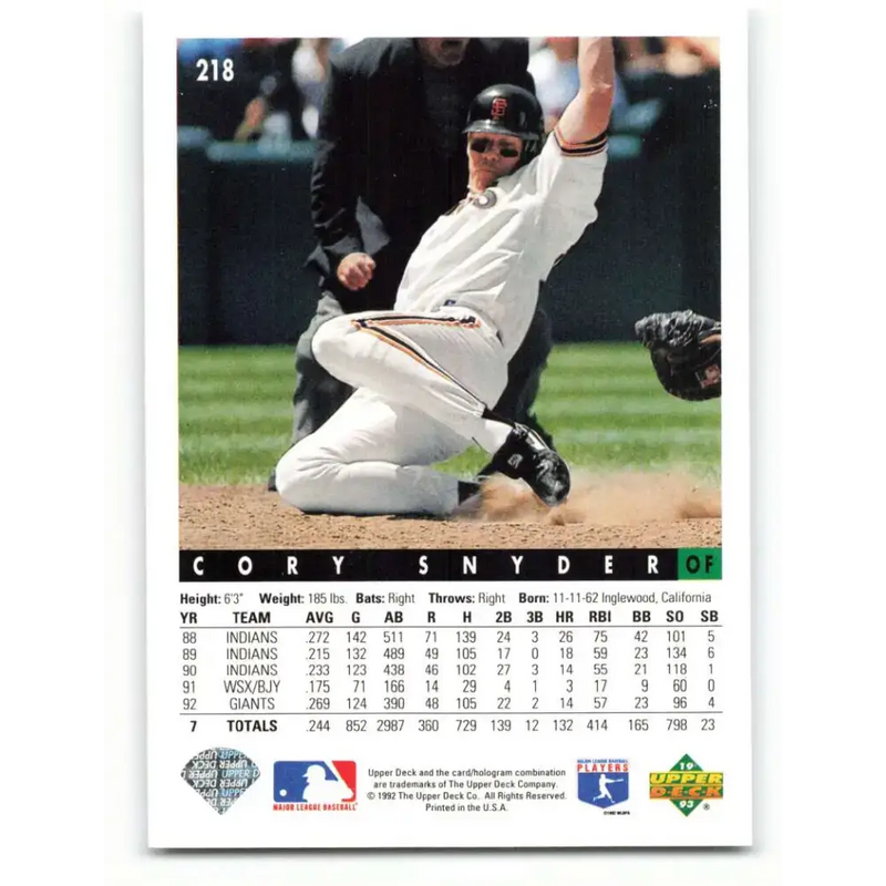 1993 Upper Deck #218 Cory Snyder VG San Francisco Giants Baseball Card - Baseball Card Single