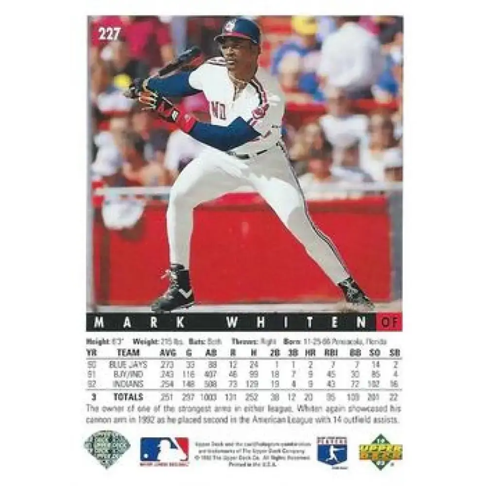 1993 Upper Deck #227 Mark Whiten VG Cleveland Indians Baseball Card - Baseball Card Single