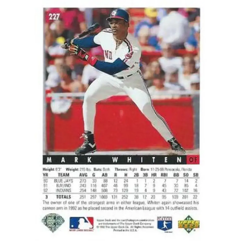1993 Upper Deck #227 Mark Whiten VG Cleveland Indians Baseball Card - Baseball Card Single
