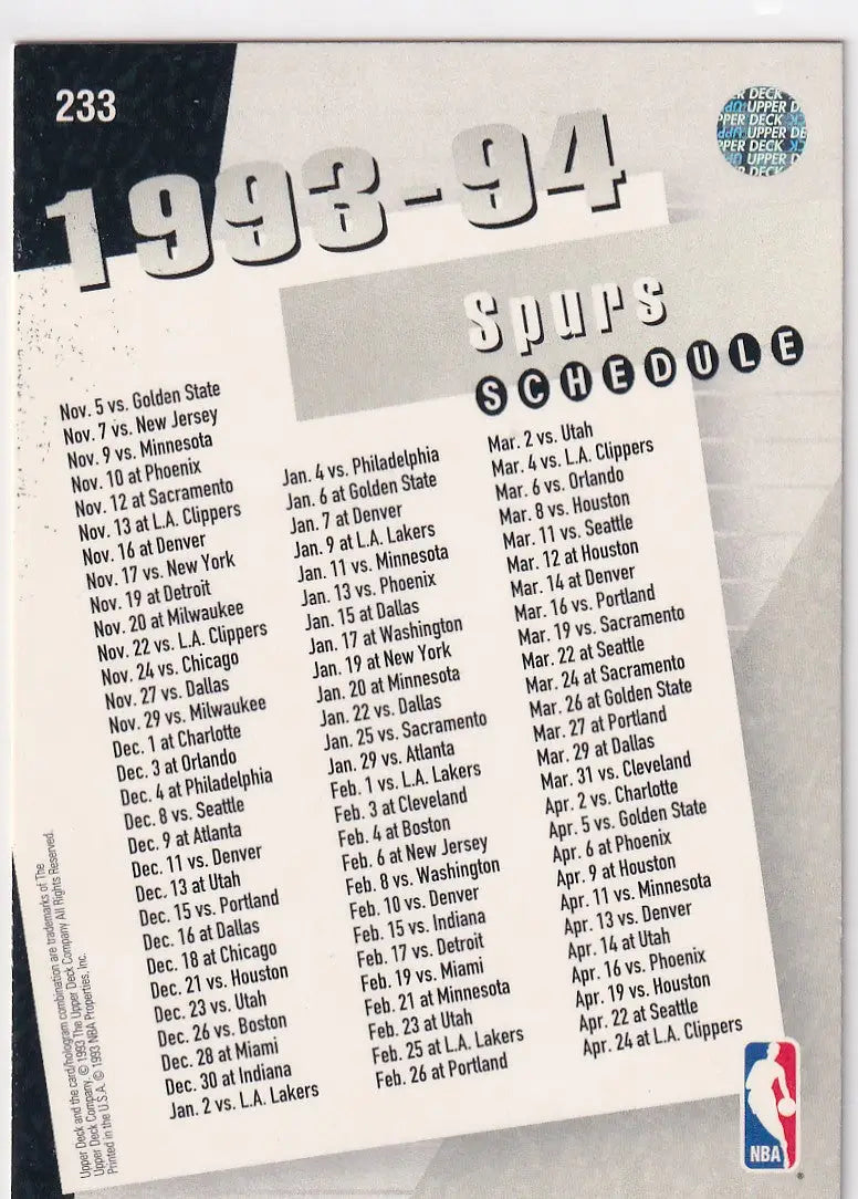 1993 UPPER DECK #233 SPURS SCHEDULE- SAN ANTIONO SPURS - Other