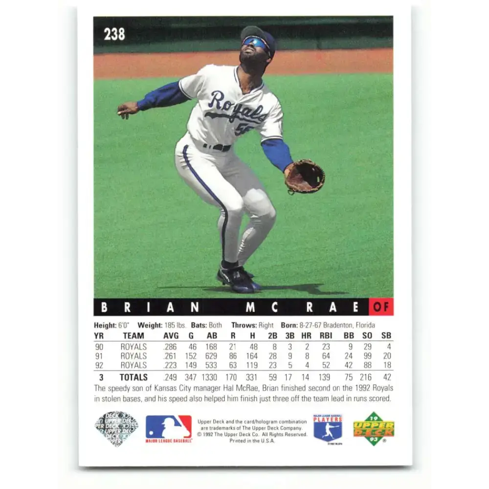 1993 Upper Deck #238 Brian McRae VG Kansas City Royals Baseball Card - Baseball Card Single